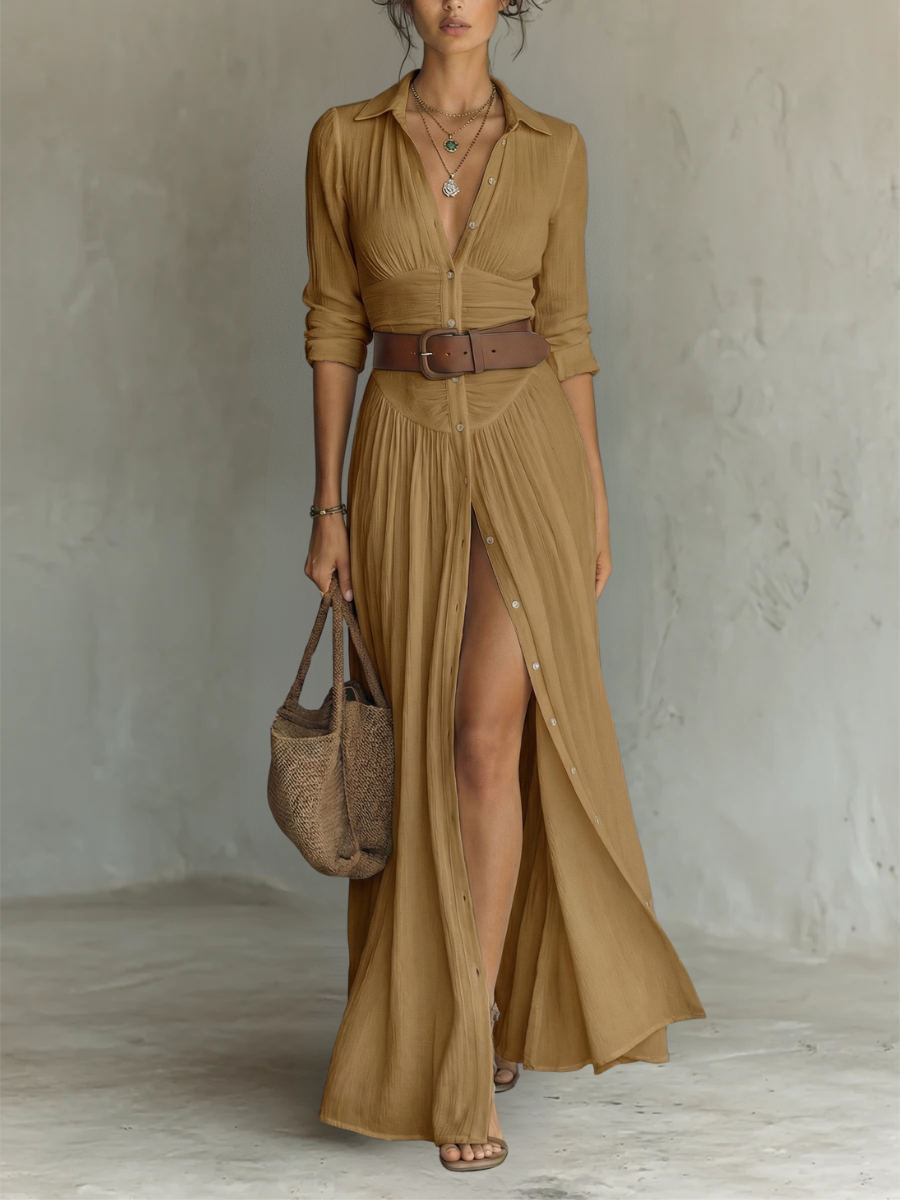 Linetta – Abito maxi in lino e cotone con collo a revers