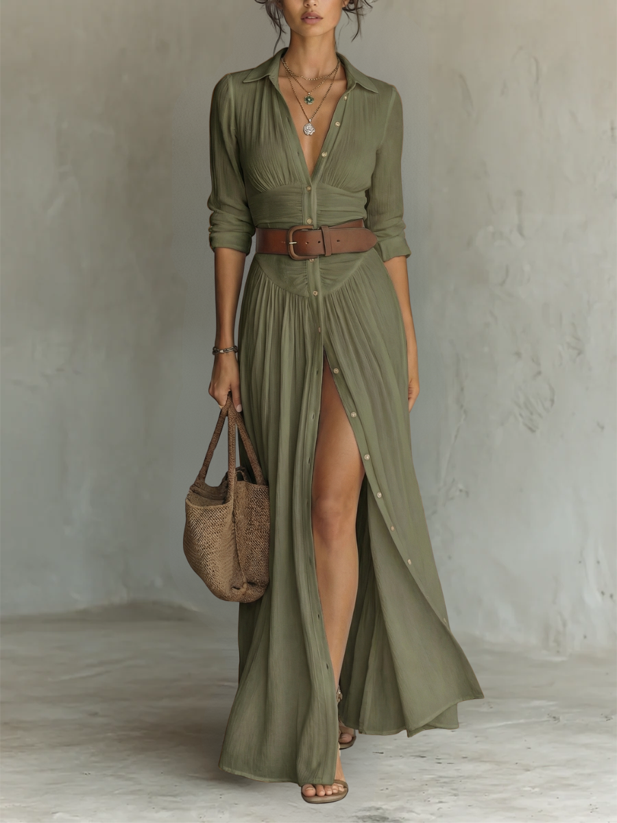 Linetta – Abito maxi in lino e cotone con collo a revers