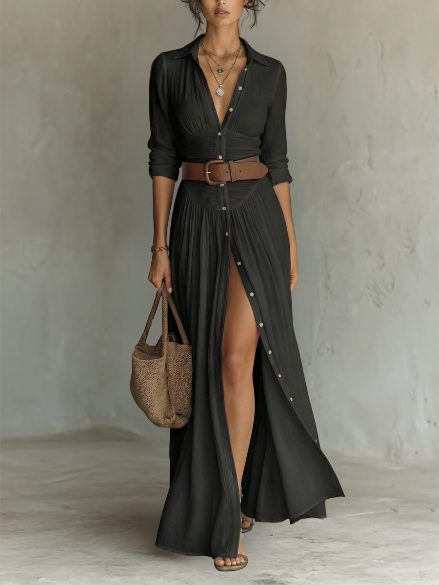 Linetta – Abito maxi in lino e cotone con collo a revers