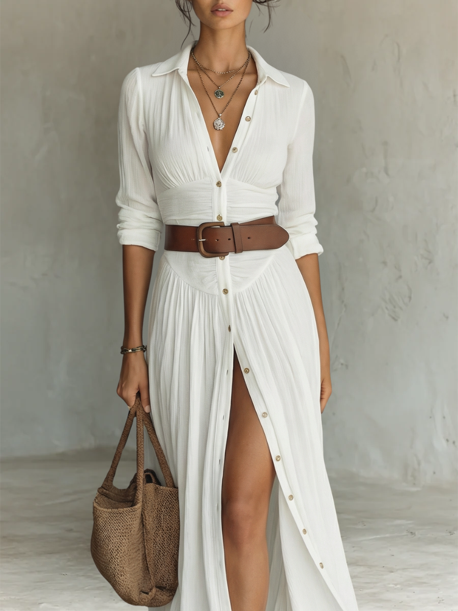 Linetta – Abito maxi in lino e cotone con collo a revers