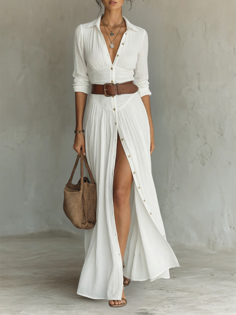 Linetta – Abito maxi in lino e cotone con collo a revers