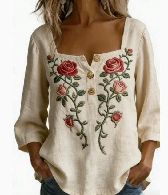 Blusa de Lino con Escote Cuadrado - Sofia Bellemont